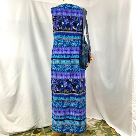 KATHIE LEE 90s Purple Blue Tropical Hawaiian Print Maxi Dress Womens M Vacation - Picture 5 of 5